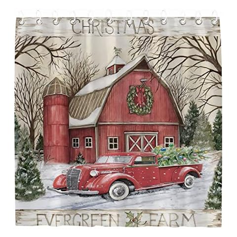 Merry Christmas Red Vintage Truck Shower Curtain Retro Farmhouse Barn House Xmas Tree Winter Snow Rustic Bathroom Curtains Polyester with Hooks ,70 x70 Inches Cover