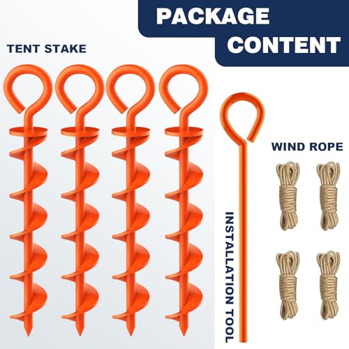 Image of Eurmax USA Canopy Tent Stakes Dog Tie Out Stakes Corkscrew Shape Steel Trampoline Stakes with Iron Rod Installation Tool & 4 Wind Ropes - Set of 4 (Orange)
