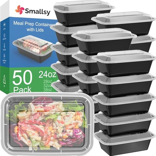 smallsy 50 Pack (100-Piece) 24 oz Meal Prep Containers Reusable with Lids, Sturdy Leakproof & Food Safe, Microwave, Freezer, Dishwasher Safe Food Prep Containers, To Go Take Out Plastic Storage