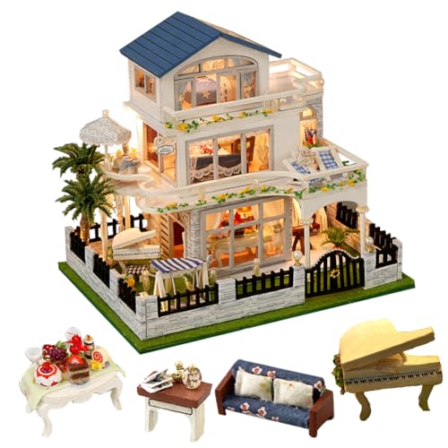 TOPBSFARNY Miniatur Holz Puppenhaus Europäischer Stil Villa Haus DIY...