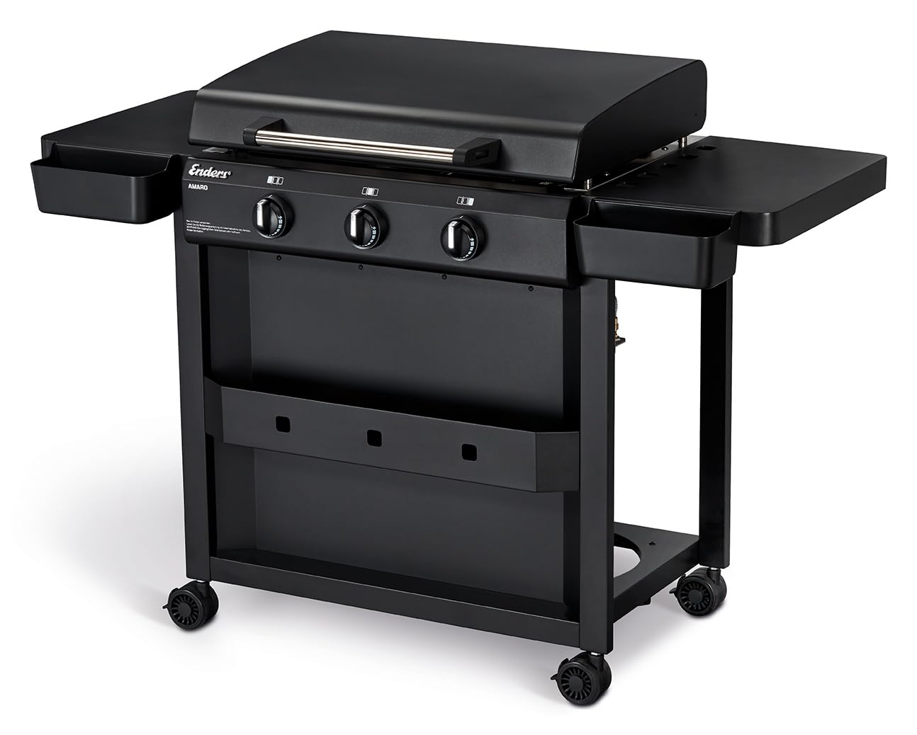 Enders AMARO 3 Plancha Gasgrill Griddle, 3 Edelstahlbrenner, massive Edelstahl-Plancha mit Tragegriffen, große Grillfläche, abnehmbare Haube, 4 Haken, abnehmbare Körbe, Ablagefach #82216