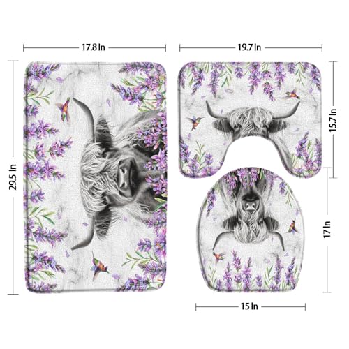 3pcs Highland Cow Bathroom Sets with Non-Slip Rug,Toilet Lid Cover and Bath Mat,Purple Lavender Flower Hummingbird Farm Grey Bull Western Wildlife Animal on Marble Bathroom Carpet Bath Mat Toilet Rugs