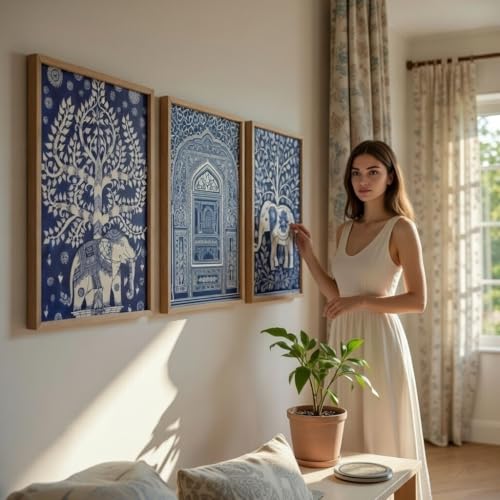Image of Livin'luxe Set of 3 Blue Indian Heritage Wall Art Premium MDF Wooden Color Framed HD UV Printed Elephant Tree Palace Painting for Living Room Home Decor 11 Inch x 14 Inch