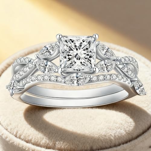 Blocaci Princess Cut Bridal Ring Set for Women Bridal Sets Wedding Rings, 1-1/2 Carat(ctw) Moissanite Leaf Flower Band 925 Sterling Silver 10K 14K 18K Gold Engagement Ring Set Free Engraving3