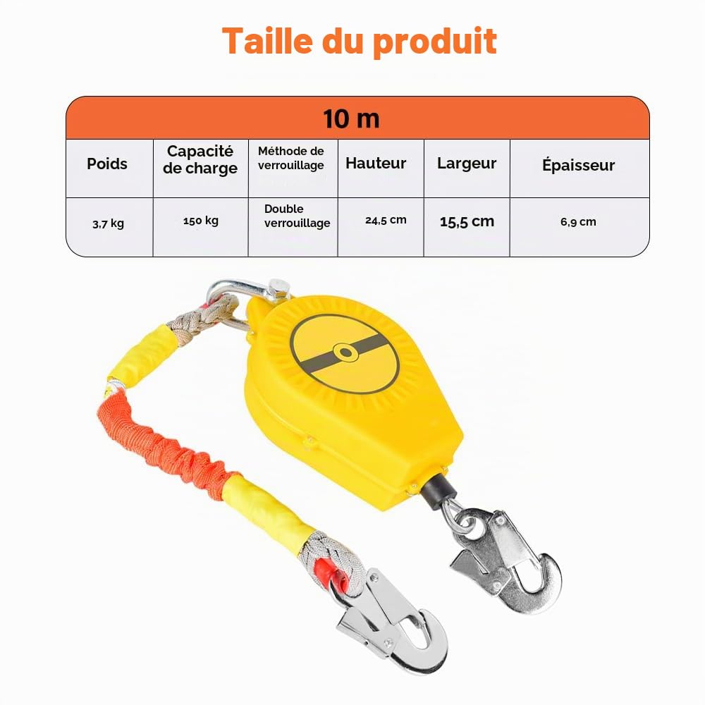 Lotvic Antichute a Rappel Automatique 10m, Charge Maximale 150 kg | Dispositif Anti Chute a Rappel Automatique, Ligne de Vie Auto-Rétractable, Harnais de Securite Anti Chute Professionnel