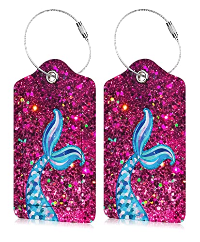 Image of Set of 2 Luggage Tags for Suitcases Women Grid Leather Suitcases Tag with Stainless Steel Loop Privacy Cover ID Label Check Travel Bag Tags Luggage Identifiers for Women Men Travel
