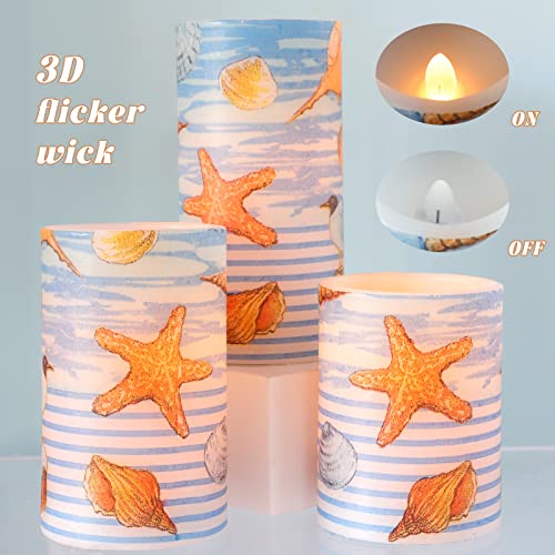 Flavcharm Blue Flameless Candles With Remote - Set Of 3 Beach Theme Seagull Starfish Seashell Desgin Battery Operated Real Wax Pillar Led Candles Decorative For Home Coastal Room Vintage Decor Gifts #TOP1