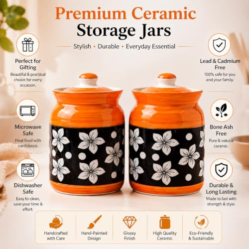 Image of D'Maiolica Ceramic Handmade Pickle Jars in 1000ml (set of 2) | Floral Bale 1 kg Achaar Martban | Ceramic Jadi for Kitchen Storage (Set of 2) | Jars for Achar, Spices, Salt (Floral Citrus Bloom)