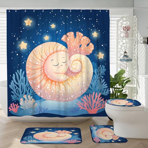 DESIHOM 4PCS Cartoon Coastal Nautilus Shower Curtain Sets with Non-Slip Rug, U Shape and Toilet Lid Cover Mat, Cute Seashell Kid Home Decor, Bathroom Accessory with 12 Hooks