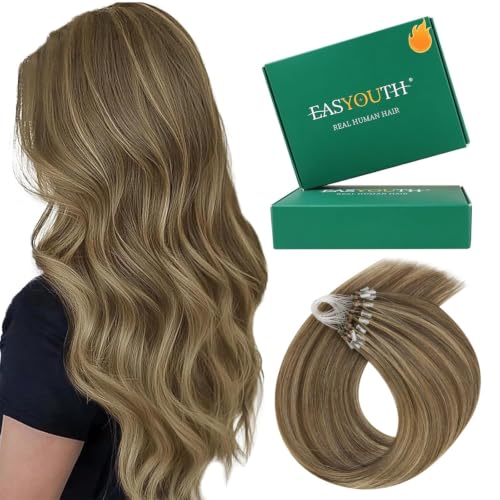 Image of Easyouth 18 Inch Micro Loop Hair Extension Real Human Hair Brown, Invisible | Micro Hair Extensions Human Hair Highlight, Medium Brown with Caramel Blonde, 57g 50s, for Everyday Wear, for Women, Natural