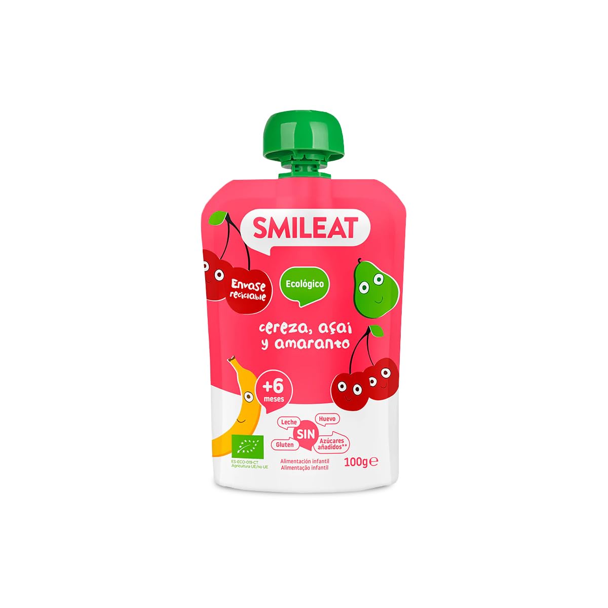 Smileat - Pouch de Frutas Ecológicas - Sin Sal ni Azúcar Añadido, Sin Gluten - Snack Práctico para Peques - Sabor a Cereza, Açai y Amaranto