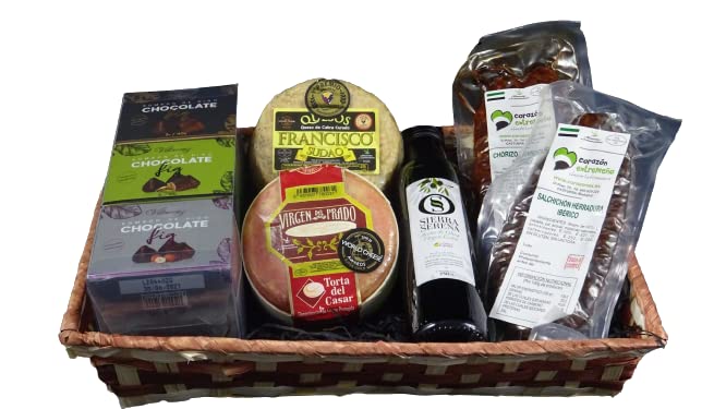 Cesta de Regalo para Empresas con Queso Torta del Casar DOP, Queso de Cabra Francisco Sudao, Bombones de Higo, Aceite de Oliva Virgen Extra – Corazón Extremeño