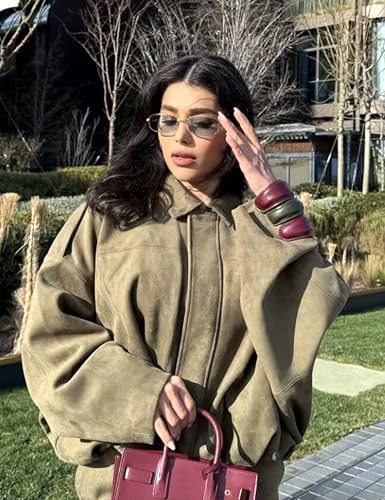 Women's Suede Bomber Jackets Casual Overasized Batwing Sleeve Pleated Elastic Hem Coats Streetwear(ArmyGreen-L)3