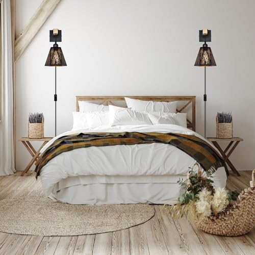 Image of Plug in Wall Sconces Set of 2,Forest Tree Black Rustic Wall Sconces,Farmhouse Metal Wall Mounted Lamp,Industrial Wooden Wall Light fixtures Indoor,Wall Lights for Living Room,Bedroom,Bedside