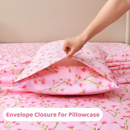 Image of Mooreeke Cozy Floral Microfiber Printed Queen Sheet Set - Soft & Breathable Pink Flowers Bed Sheets with Deep Pocket - Non-Slip Fitted Design - Pink Flowers with Green Branches Pattern - Queen