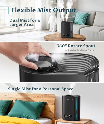 Image of Humidifiers for Bedroom & Large Room, 6L Top Fill Cool Mist Humidifier for Home, Quiet Humidifiers with Essential Oils Diffuser, 3 Mist Levels adjustable with Humidistat, Dual 360Rotation Nozzles, Easy Clean, Multi Timers, 7-Color LED, for Baby Kids, Office, Bedroom, Plant, Nursery