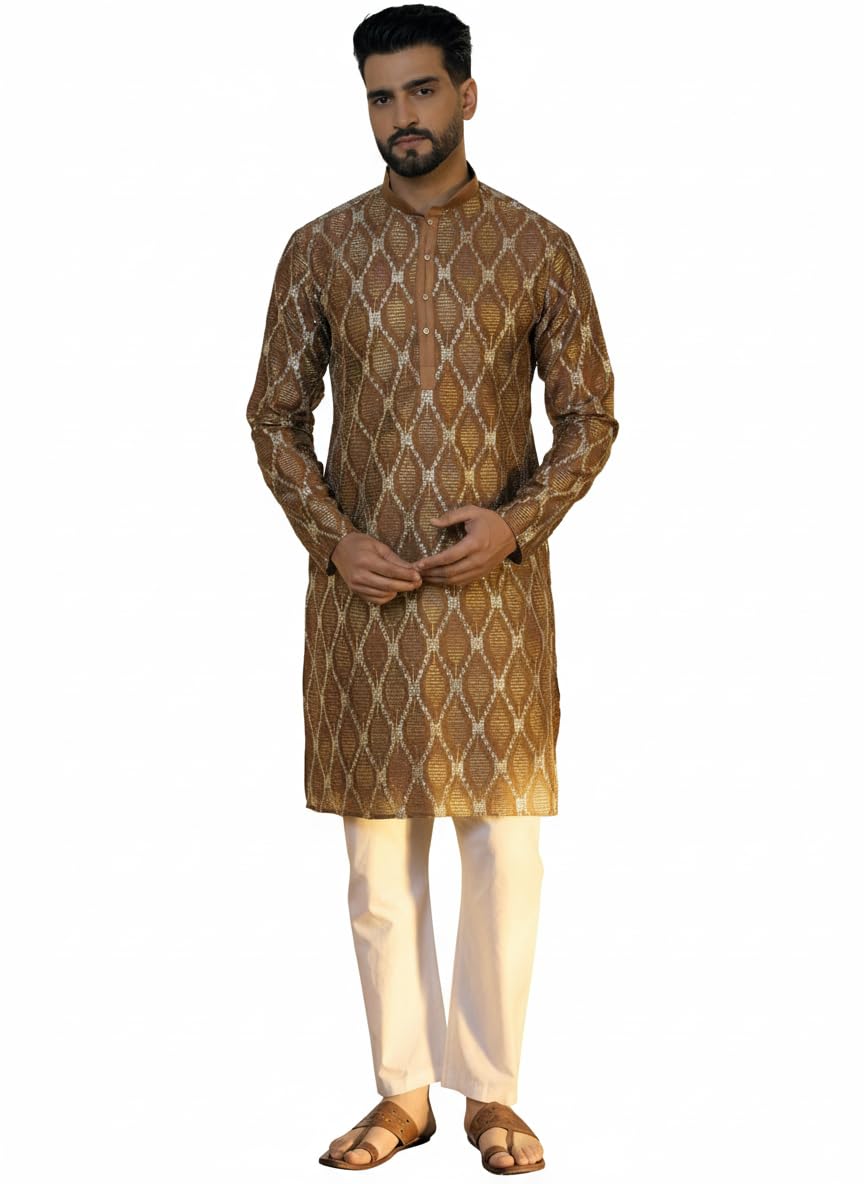 amazon brand - tavasya Men Geometric Embroidered Sequinned Mandarin Collar Pure Cotton Straight Fashion Festiv Kurta-picture-33