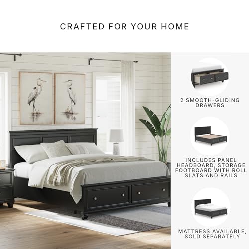Image of Signature Design by Ashley King Storage Bed Frame and Headboard, Black | Extra-deep footboard drawers, Hardwood solids, birch veneer and MDF substrate storage bed frame, Lanolee Series