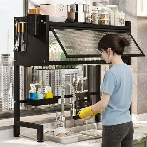 Image of Hukimoyo 65 Cm Suited Over Sink Dish Drying Rack Kitchen Sink Organizer with Utensil Holder Plate Bowl Drainer Stand Space Saving Over the Sink Storage Rack for Counter (65L*30W*77H Cm)