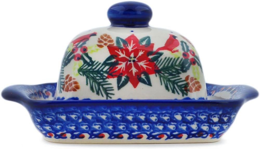 Polmedia Polish Pottery Butter Dish UNIKAT - Cardinal's Home Pattern Handmade in Boleslawiec Poland by Ceramika Bona + Certificate of Authenticity