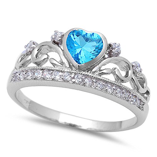 Oxford Diamond Co Blue Cz Heart & Cz Crown .925 Sterling Silver Ring Size 11