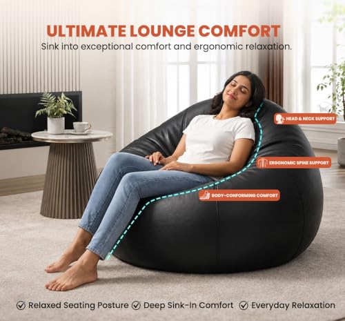Image of Sattva Classic 3XL Bean Bag Chair with Beans Filled | Faux Leather Sofa Style Bin Bags with Beans Filling| Comfortable Seating for Adults & Teens, Home & Office - Black