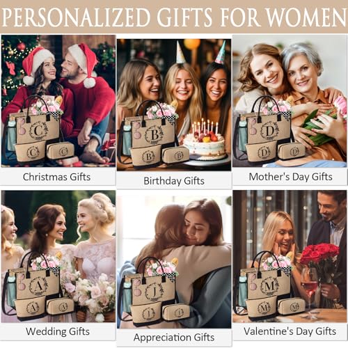 Image of Personalized Birthday Gifts for Women, Monogrammed Initial Jute Tote Bags | Beach Tote Bag & Makeup Bags w / Zipper, Christmas Women Gifts for Mom Her Friends Sister Coworker Nurse Teacher Appreciation