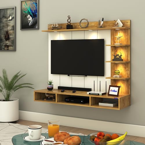 Image of Anikaa Tyron Engineered Wood Wall-Mount TV Unit with PVC Back Panel & LED Lights | TV Cabinet with Storage Box & Decorative Shelves (Gaintwood) | Ideal for TVs up to 55 Inch | DIY Installation