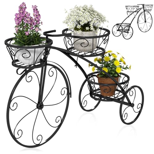 RELAX4LIFE Supporto per Piante a 3 Piani, Carrello per Vasi a Forma di Triciclo, Supporto per Piante con Telaio in Metallo Robusto da Giardino per Interni ed Esterni, 80 x 25 x 52 cm (Nero)
