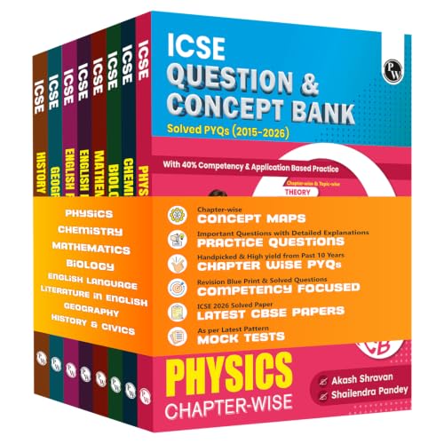 Image of PW Class 10 ICSE Question & Concept Bank 2027 Physics, Chemistry, Maths, Biology, English Paper 1 (Language), English Paper 2 (Literature), Geography, History and Civics Combo Set of 8 Books