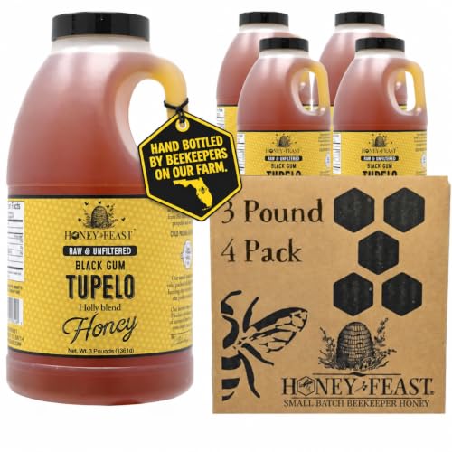 HONEY FEAST Raw Black Gum Tupelo Honey 3 Pounds (Pack of 4), Unfiltered &amp; Pure Superfood – From Organic American Floral Sources