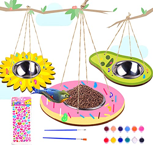 Kids Arts and Crafts Bird Feeders for Outside, 3 Pack DIY Wooden Paint Kits Outdoor Educational Fun Kids Crafts Hanging Sunflower Donut Avocado Bird Feeder DIY Gift for Girls Boys Age 3-5 4-8 8-12