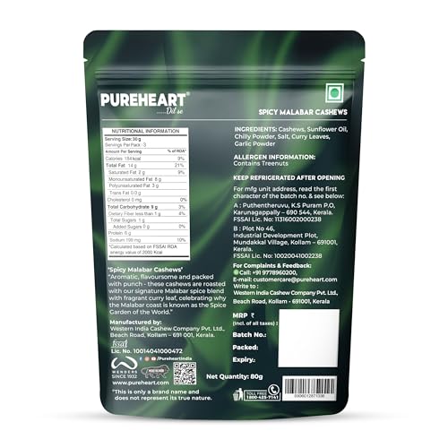 Image of Pureheart Spicy Malabar Cashews 80g | Roasted Masala Kaju with Curry Leaves | Premium Crunchy Flavored Cashew Nuts | Healthy Snack, Protein Rich Dry Fruits | Spicy Roasted Nuts Pack