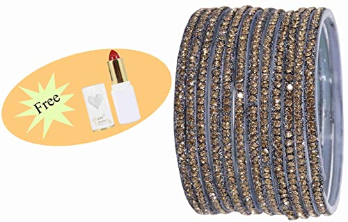 Image of NMII Glass with Zircon Gemstone and Beads Studdded Glossy Finished Traditional Bangle Set For Women and Girls