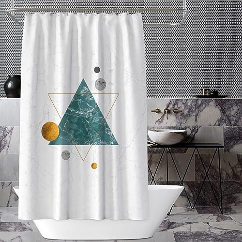 Homxi Rideau Douche Oeillets,150 W x 200 H CM,Rideau Bain Tissu Or Bleu Triangle et Motif de Marbre Rideau Baignoire Polyester Anneaux de Rideau de Douche en...