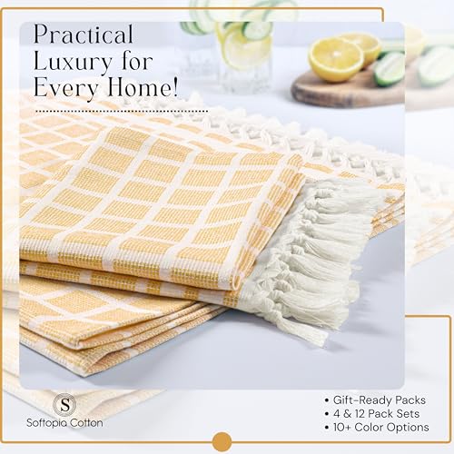 Image of Matrix Dobby Kitchen Towels 12 Pack 100% Cotton, 16x26 Inches, Decorative Tea Towels with Handmade Tassels, Absorbent Washable Wash Cloths for Kitchen Drying - Mustard Yellow, Natural