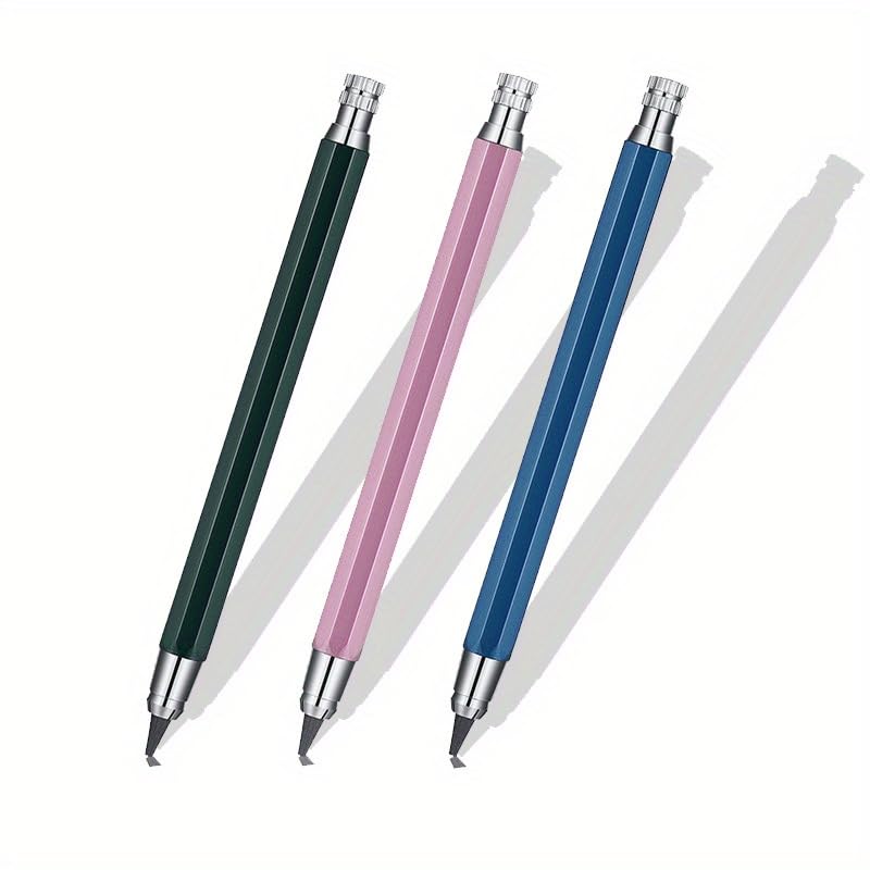 3 Pack 5.6mm Metal Automatic Pencils - Ideal for Engineers & Artists - Multiple Colors Available (Black/Blue/Green or Assorted) - Perfect for Engineering Drawing & Sketching (Green, pink, blue)