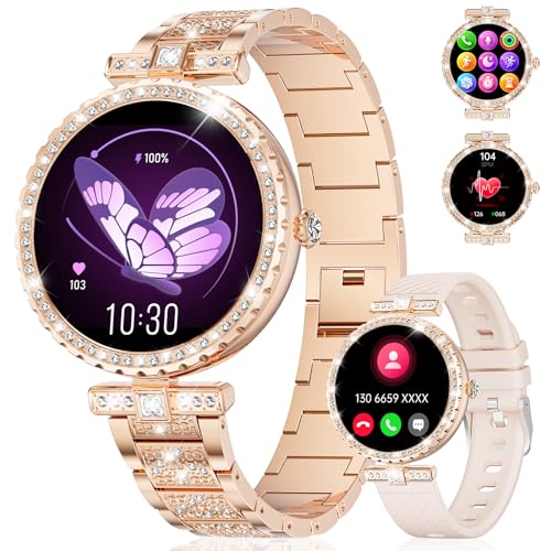 FEELNEVER AMOLED - Reloj inteligente 2025 para mujer, 1.2 pulgadas con diamante dorado con llamada de voz Bluetooth, presión arterial, frecuencia cardíaca, monitor de sueño, 120 modos deportivos,