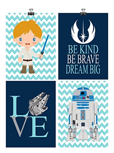 Star Wars Nursery Decor Set of 4 Art Prints - Be Kind, Be Brave, Dream Big, Love R2D2 and Luke Skywalker