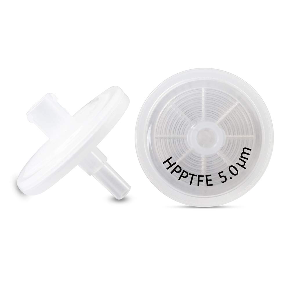 Biotechnology (HPPTFE-25mm-5.0μm) Filtros de jeringa de PTFE [Humedabilidad: Hidrófilo] 25mm de diámetro 5.0 μm de tamaño de poro para filtración de laboratorio [caja de 100 piezas]