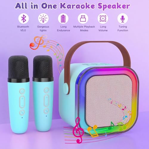 Image of Kids Karaoke Speaker with Wireless Microphone | Portable Bluetooth Singing Machine with LED Lights | Mini Rechargeable Karaoke System for Boys & Girls (2 Mic, Blue)