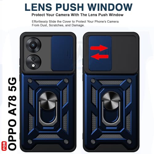 Image of AESTMO Polycarbonate Tough Armor Oppo A78 5G Bumper Back Case Cover | Ring Holder & Sliding Camera Shield Cover | 360 Degree Protection Back Case Cover for Oppo A78 5G (Blue)
