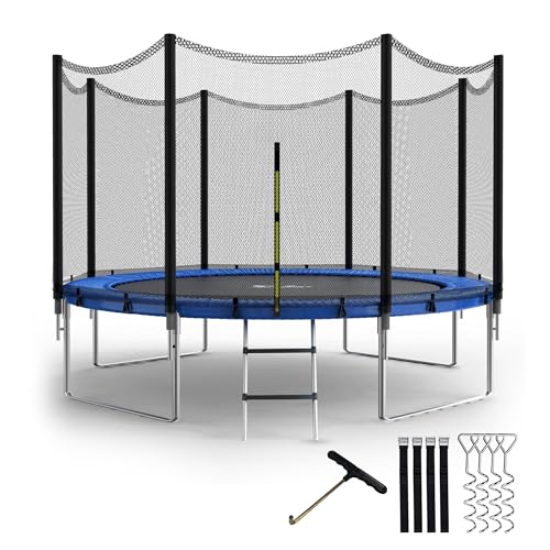 YSSOA Trampoline 12FT for Kids with Safety Enclosure Net Wind Stakes 400LBS Weight Capacity Recreational Trampolines Blue Outside Net