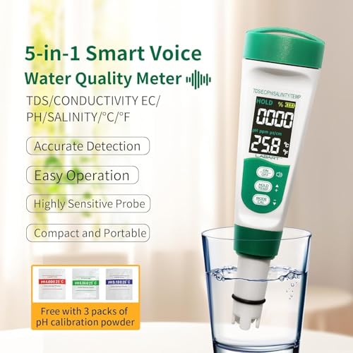 Image of LABART 5-in-1 Digital pH Meter & TDS Tester with Voice Function with Certificate | Waterproof Rechargeable Device for Aquarium, Pool & Drinking Water with Certificate