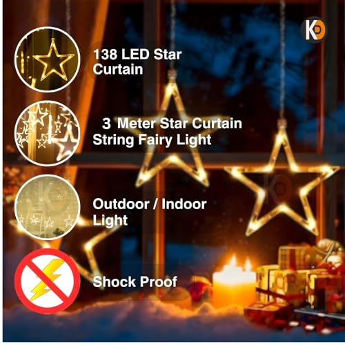 Image of K D 6+6 Star Warm Yellow 138 LEDs Curtain LED String Lights (3.5 ft Length + 0.5 FT Length After Adopter = 4ft) with 8 Modes Indoor Outdoor for Home, Diwali, Christmas (Star Warm Yellow 6+6)