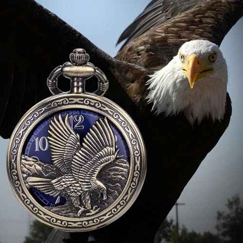 Image of SIBOSUN Eagle Design Pocket Watch with Chain Oversized 50MM 1.96 Inch Quartz Movement Arabic Numerals Half Hunter Cover Analog