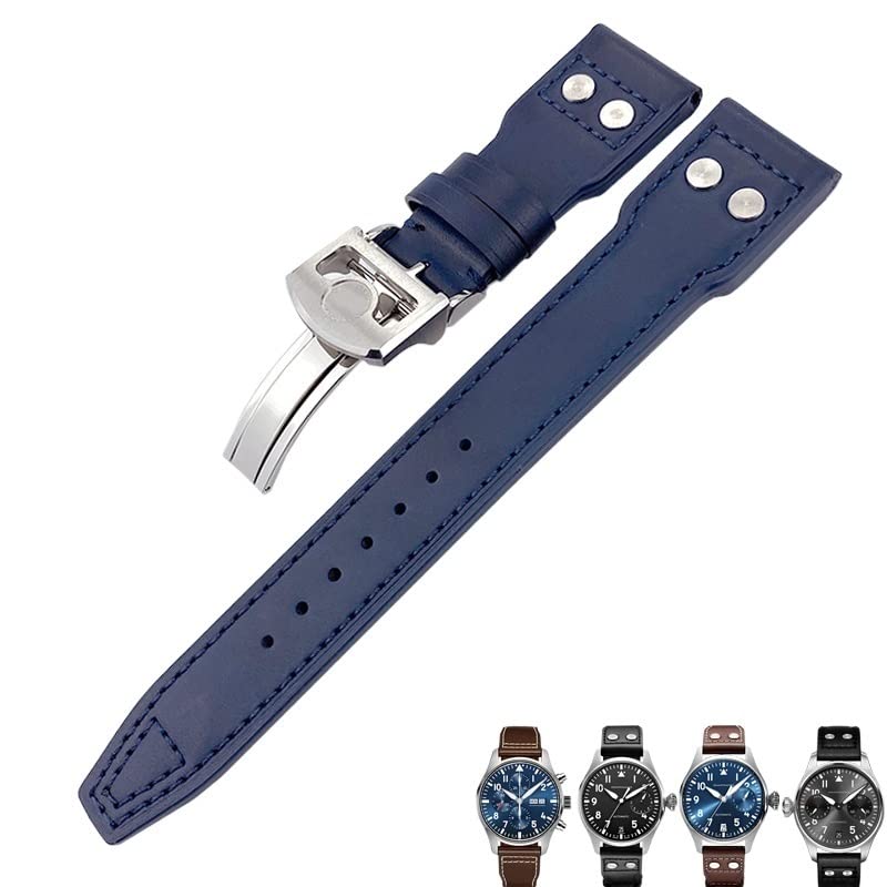 Bracelet de montre en cuir de vache bleu 20 mm compatible IWC Pilot Mark