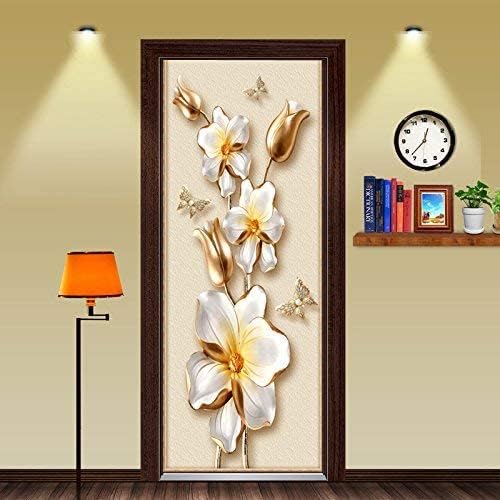 MISSSIXTY Door Sticker, 3D Golden Flower Door Wall Mural Wallpaper Stickers Vinyl Removable Decals for Home Decoration 30.3" x 78.7"