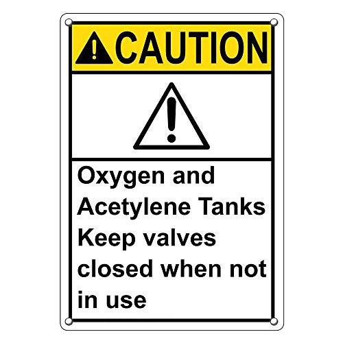 Weatherproof Plastic Vertical ANSI Caution Oxygen Acetylene Tanks Keep Valve Closed Sign with English Text and Symbol