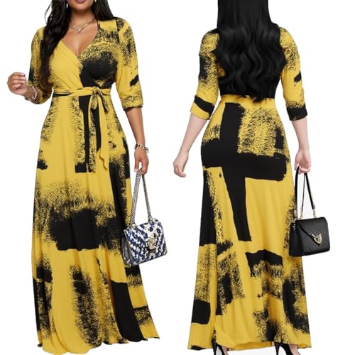 Image of Women's Church Maxi Wrap V Neck 3 /4 Sleeve Tie Waist Plus Size Long Dress | Flattering wrap V-neck design enhances curves. High elastic tie waist accentuates the slimmest part, hides tummy.
